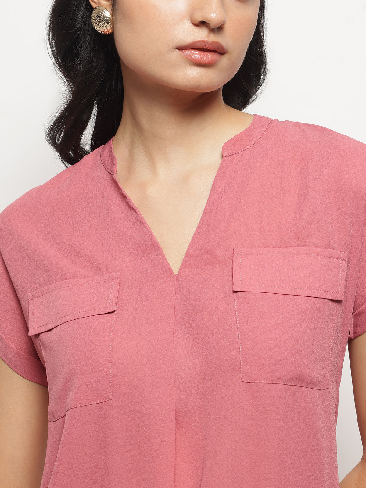 Women Mandarin Collar V-Neck Dolman Sleeves Top