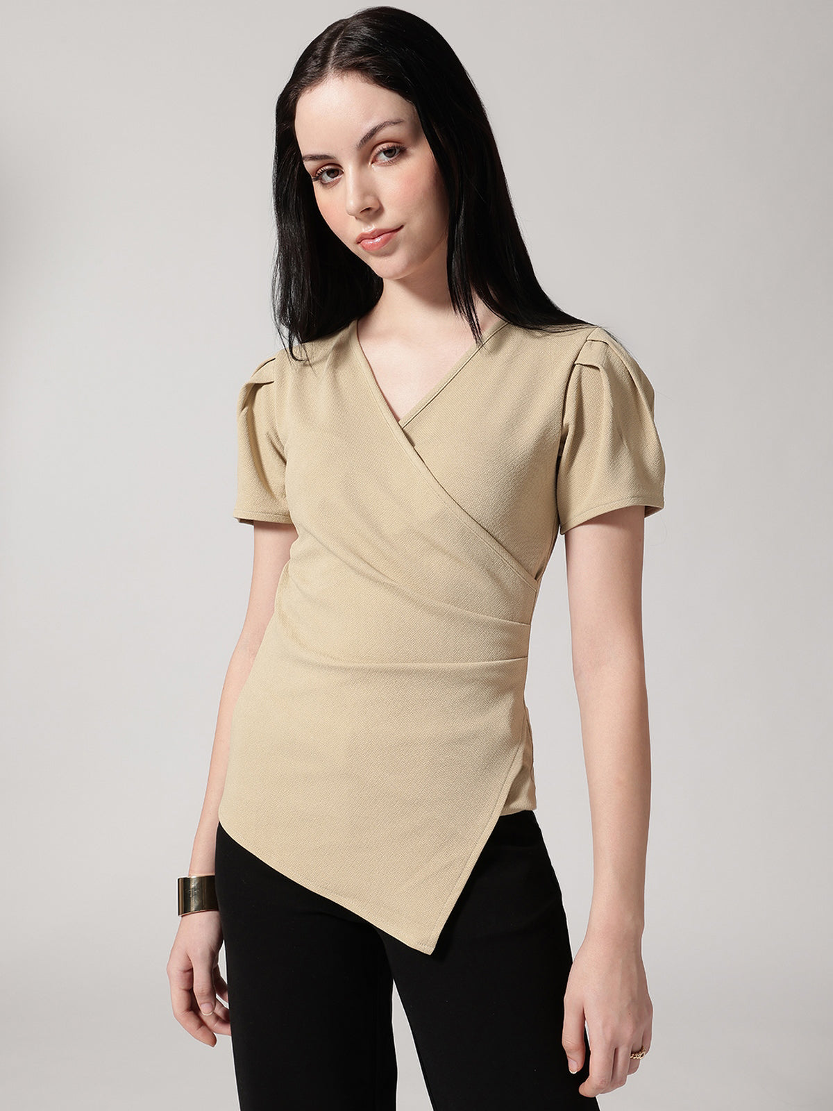 Women Beige Solid Asymmetric Wrap-Style Top