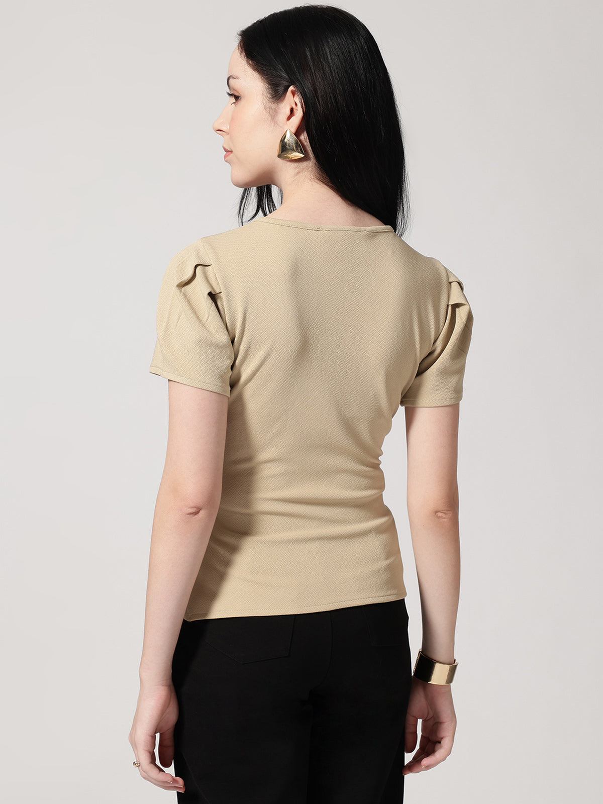 Women Beige Solid Asymmetric Wrap-Style Top