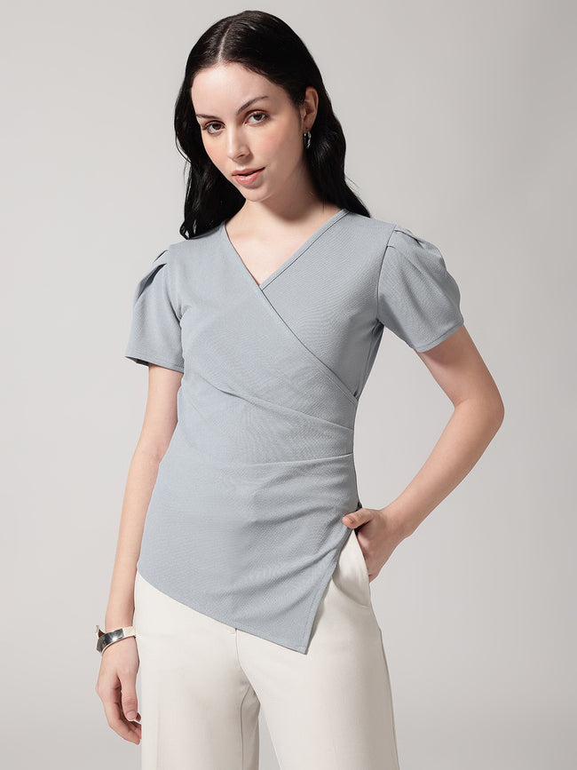 Women Grey Solid Asymmetric Wrap-Style Top