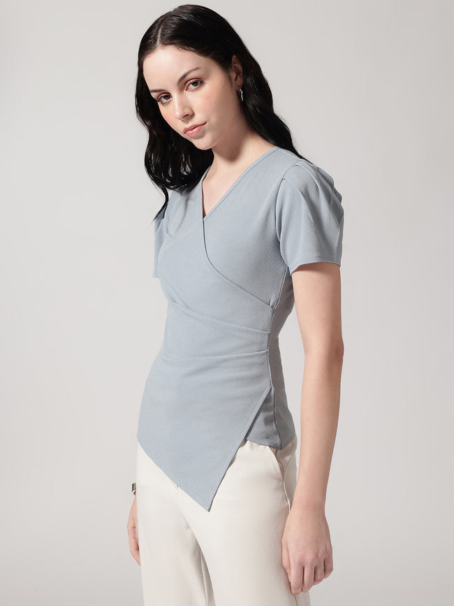 Women Grey Solid Asymmetric Wrap-Style Top