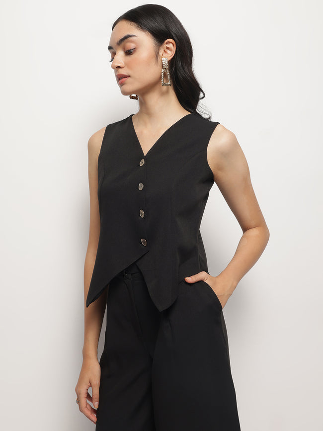 Women Black Business Formal V-Neck Sleeveless Waistcoat