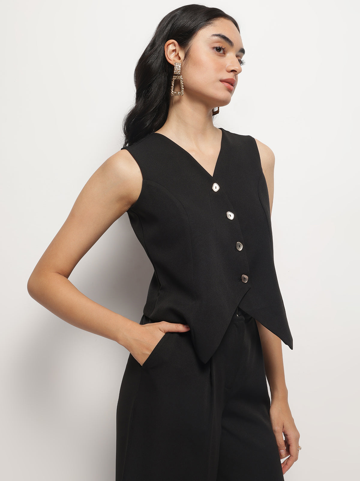 Women Black Business Formal V-Neck Sleeveless Waistcoat