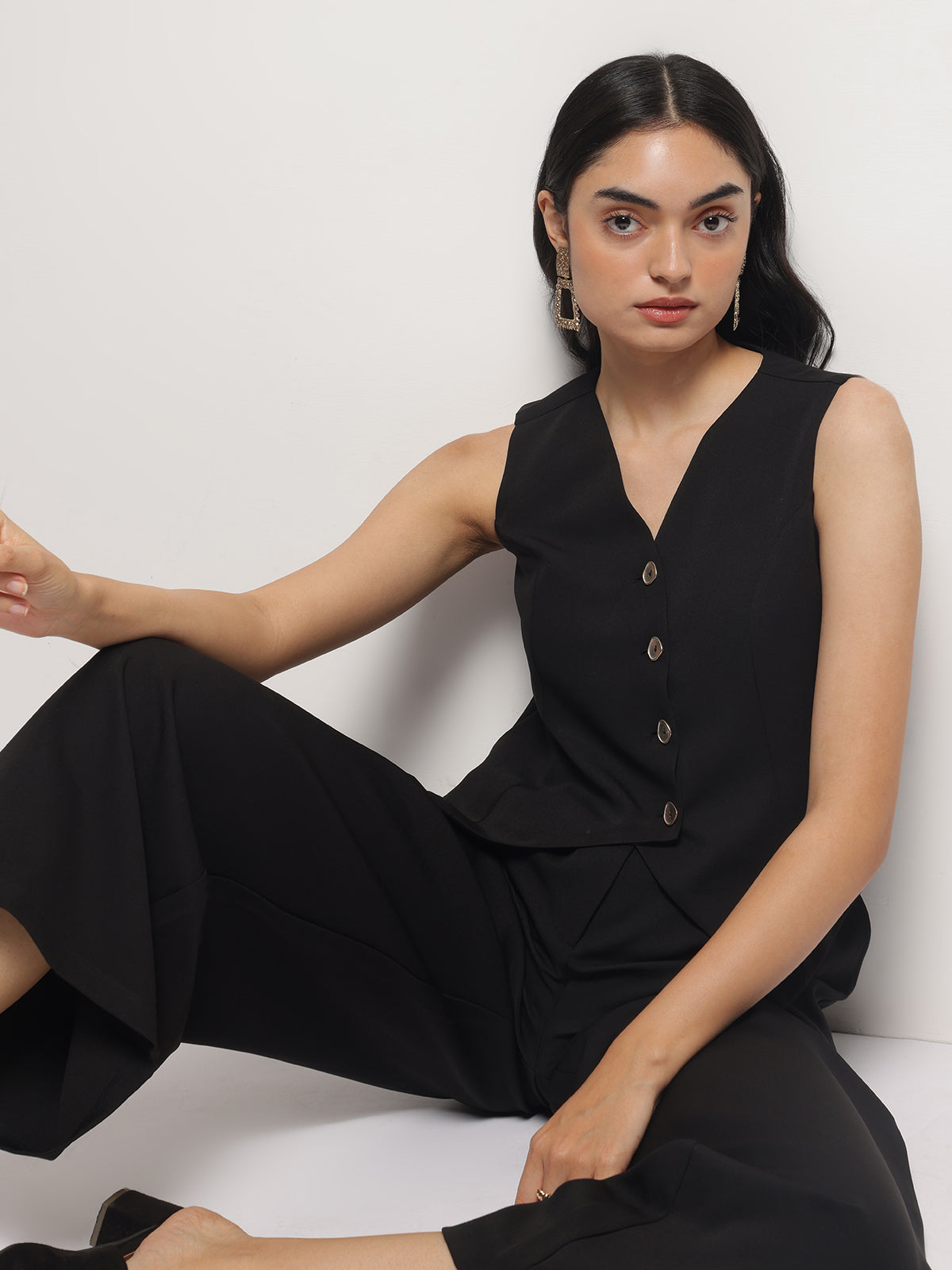 Women Black Business Formal V-Neck Sleeveless Waistcoat