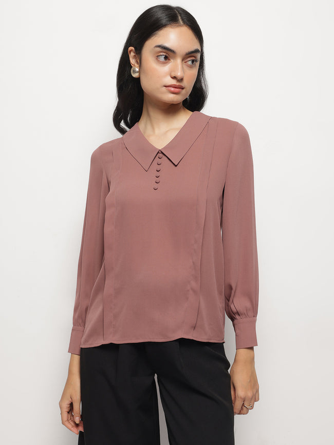 Women Long Collar Pintuck Full Sleeves Top