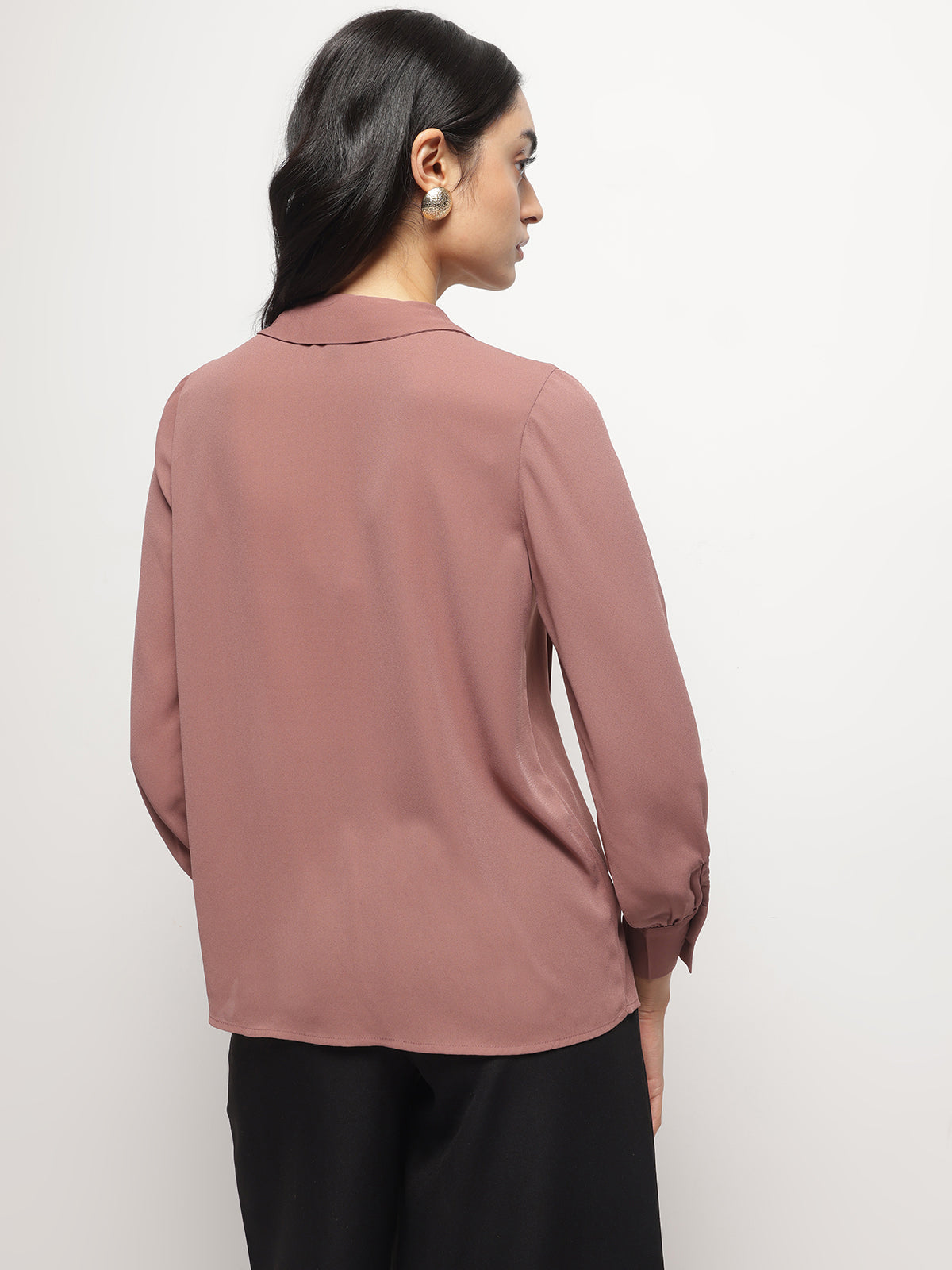 Women Long Collar Pintuck Full Sleeves Top
