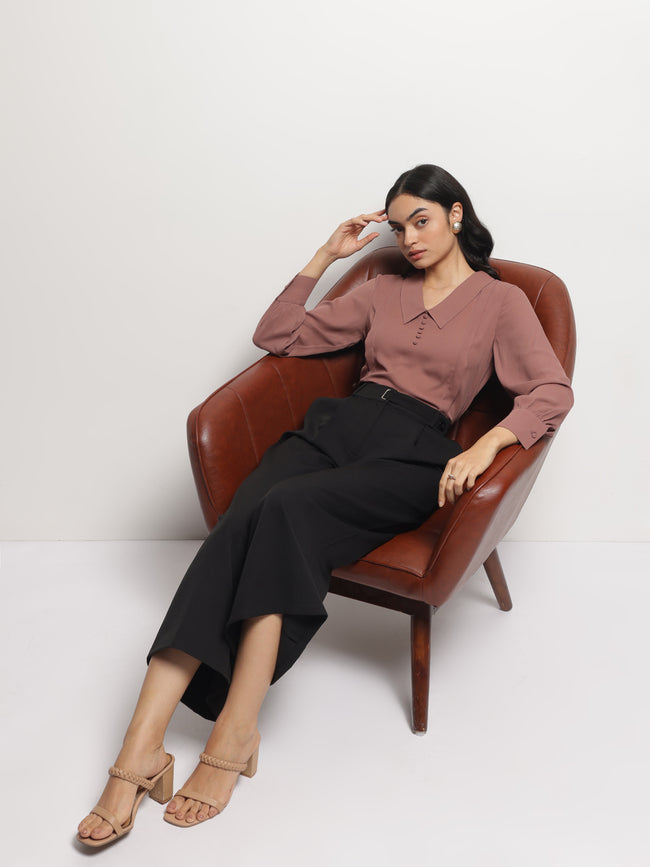Women Long Collar Pintuck Full Sleeves Top