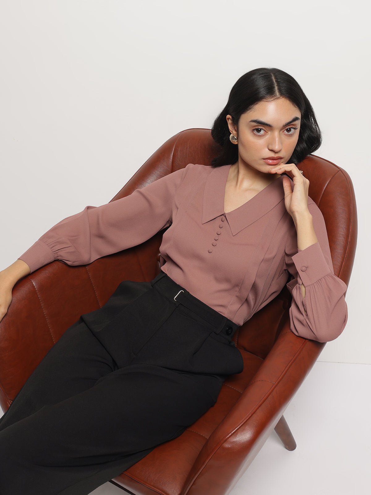 Women Long Collar Pintuck Full Sleeves Top