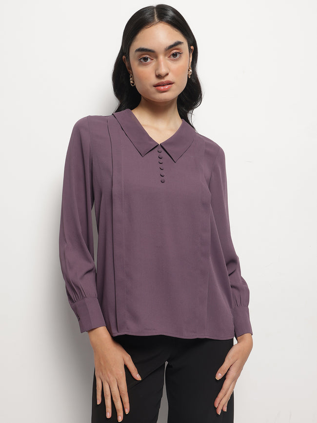 Women Long Collar Pintuck Full Sleeves Top