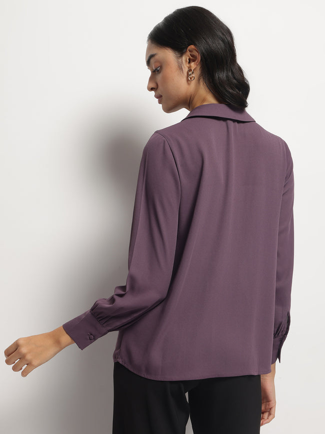 Women Long Collar Pintuck Full Sleeves Top