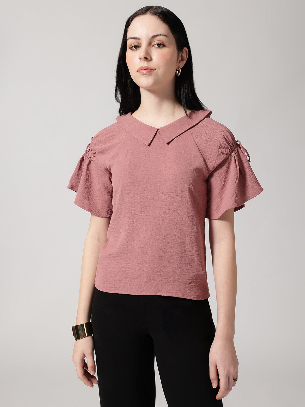 Women Mauve Solid Peter Pan Collar Top