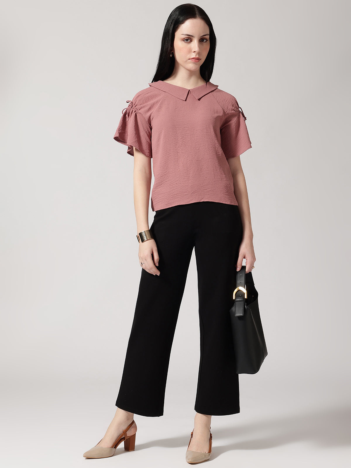 Women Mauve Solid Peter Pan Collar Top