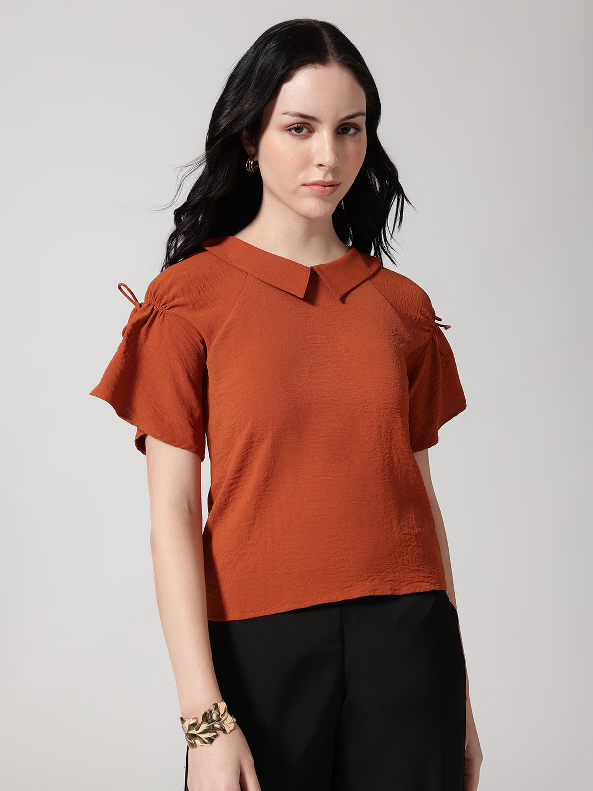 Women Rust Solid Peter Pan Collar Top