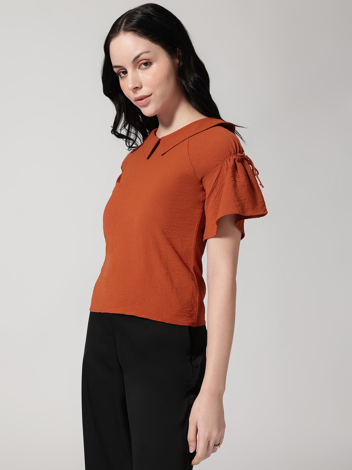 Women Rust Solid Peter Pan Collar Top