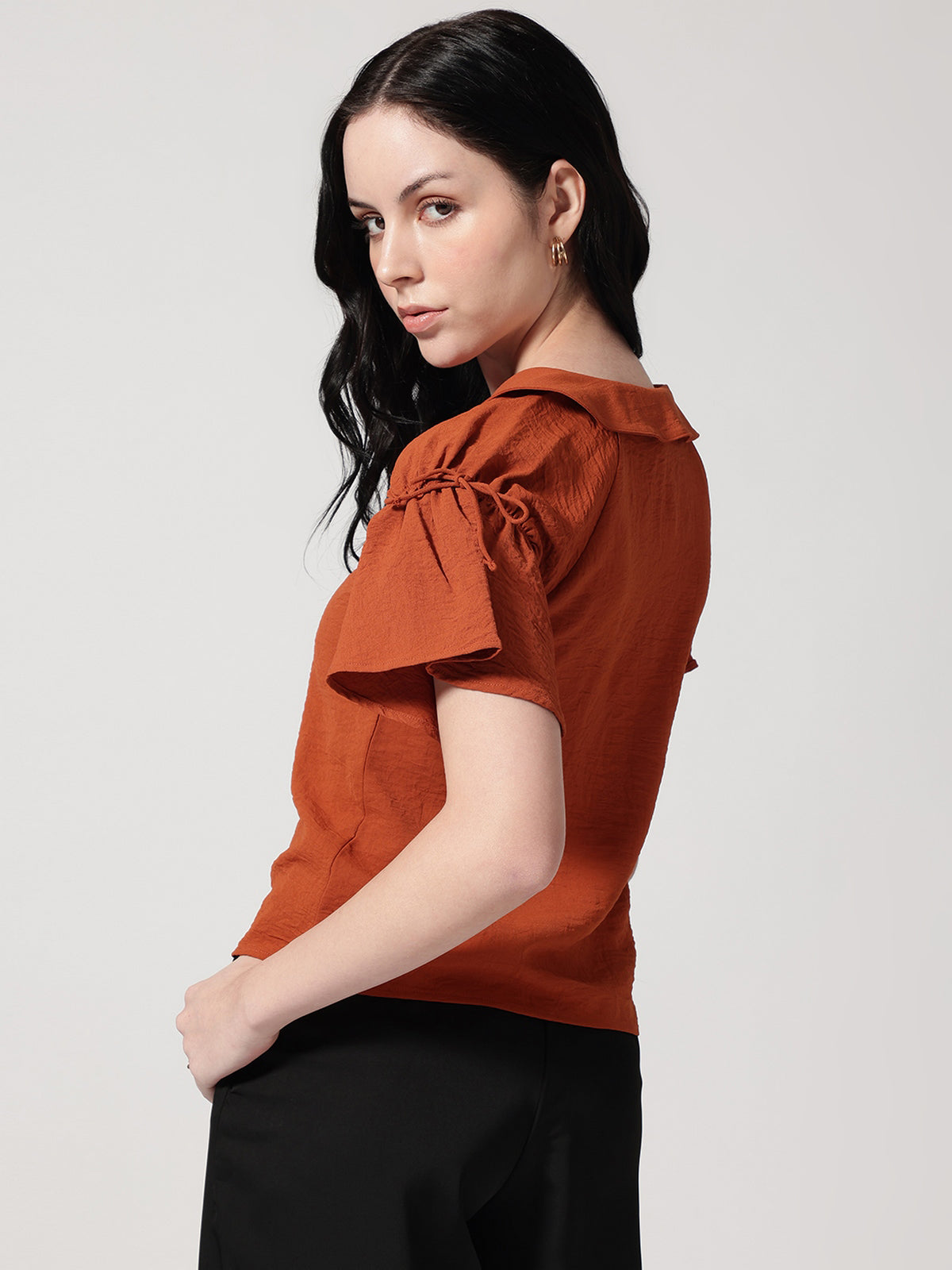 Women Rust Solid Peter Pan Collar Top