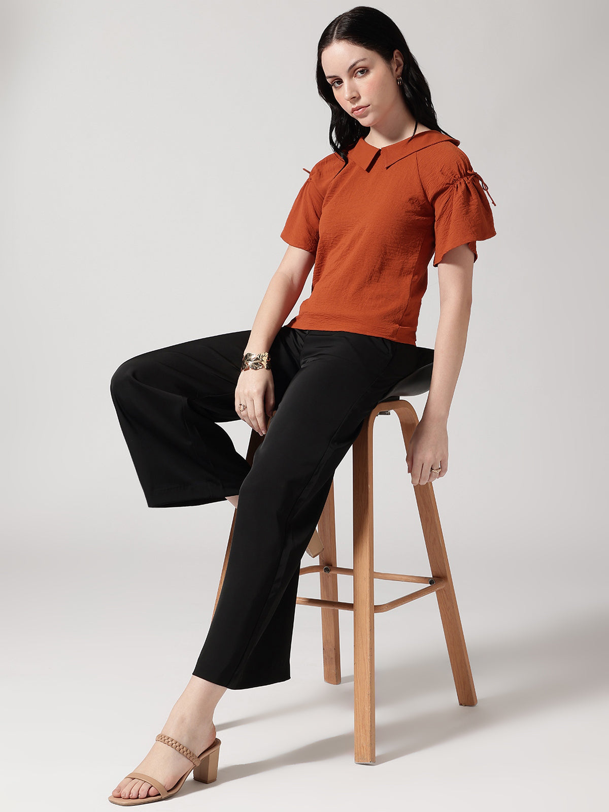 Women Rust Solid Peter Pan Collar Top