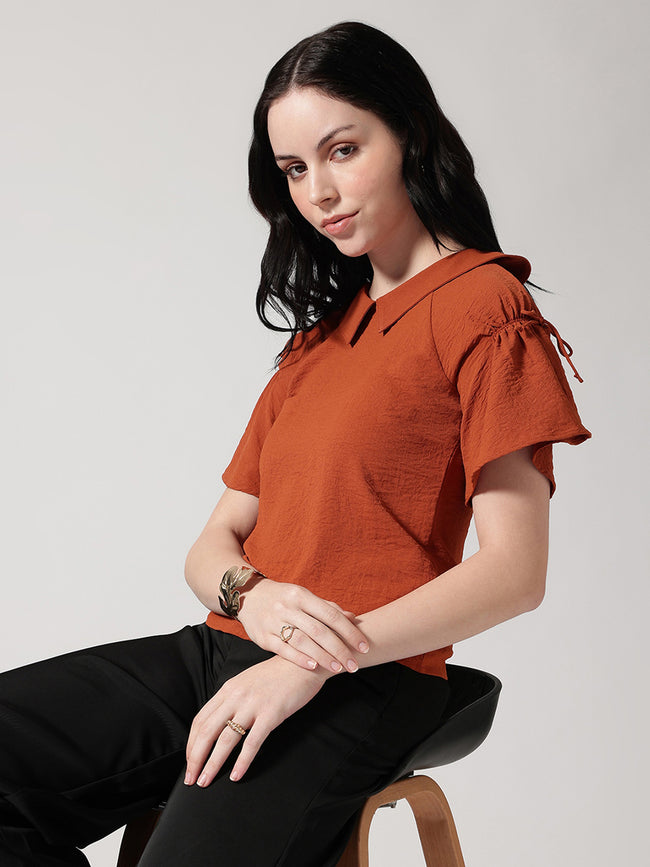 Women Rust Solid Peter Pan Collar Top