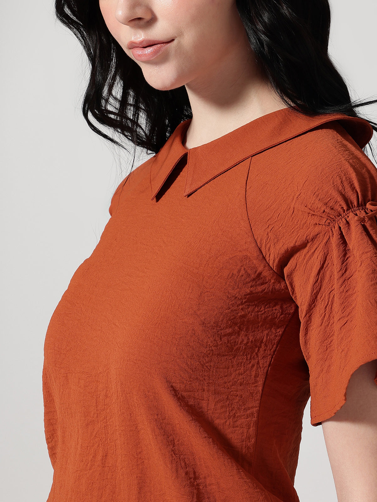 Women Rust Solid Peter Pan Collar Top