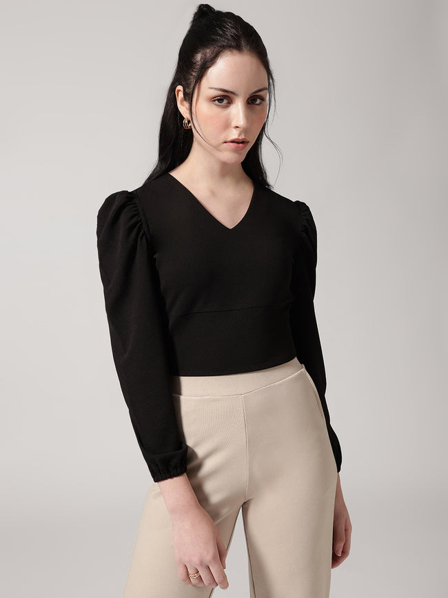 Women Black Solid V-Neck Top