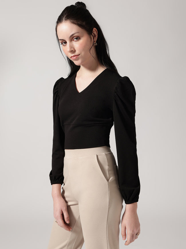 Women Black Solid V-Neck Top