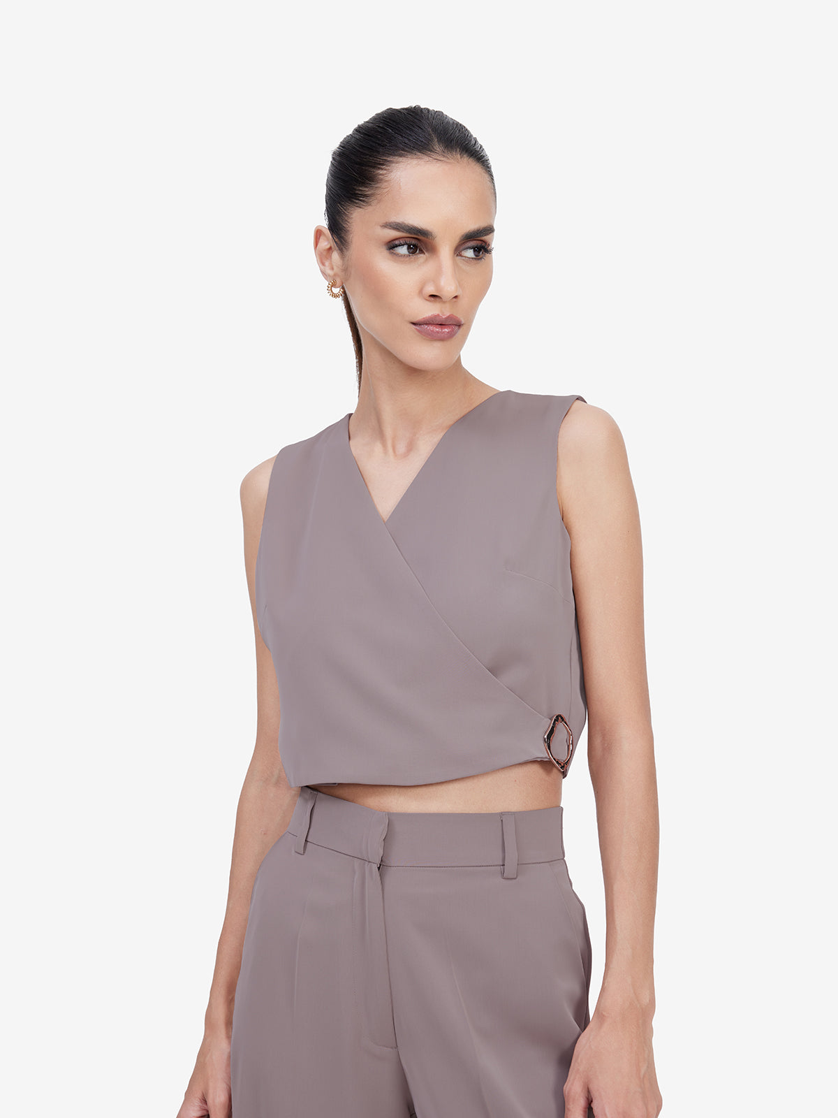 Women Brown Wrap Top
