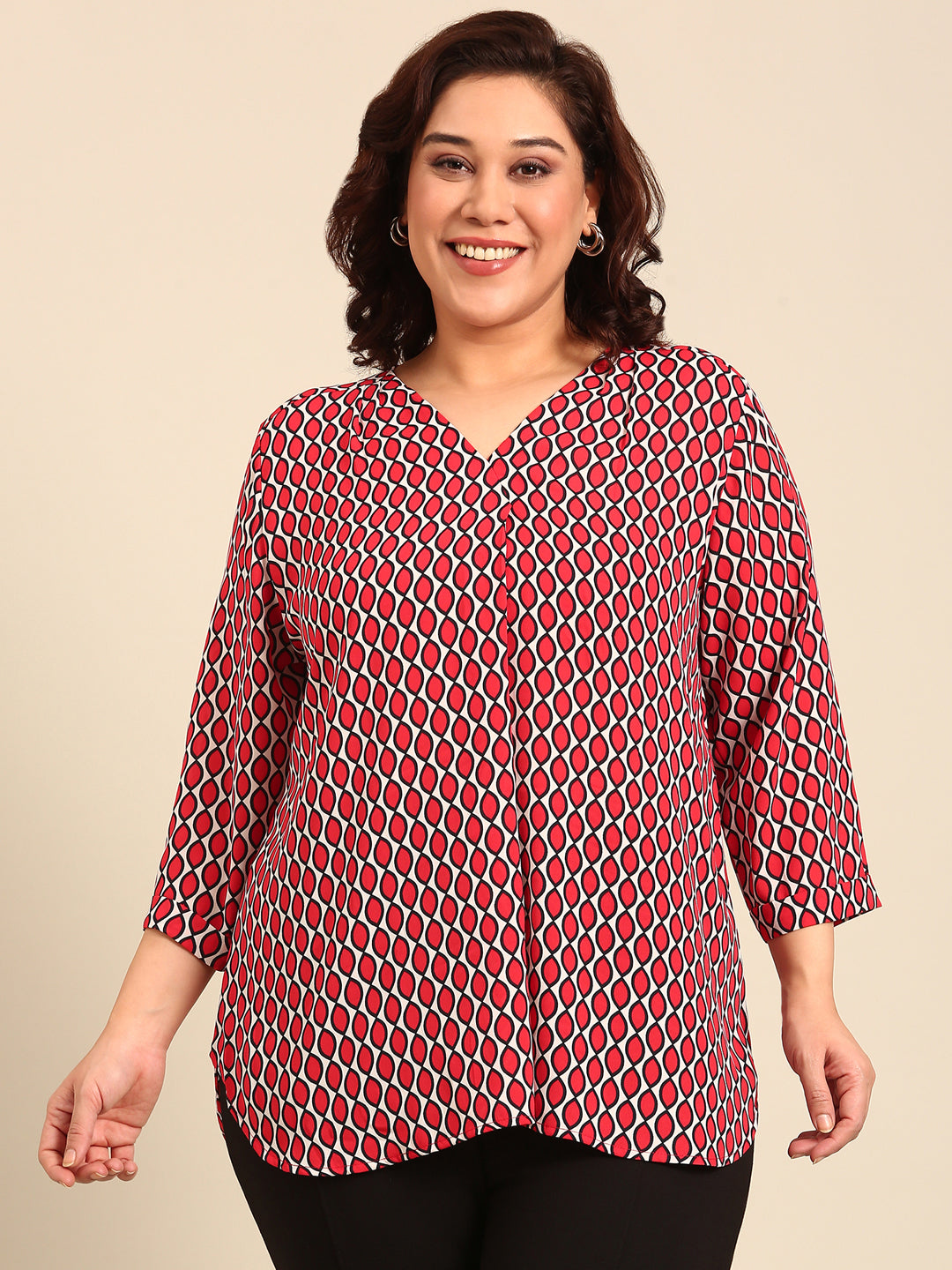 Women Plus Size Red Geometric Print Top