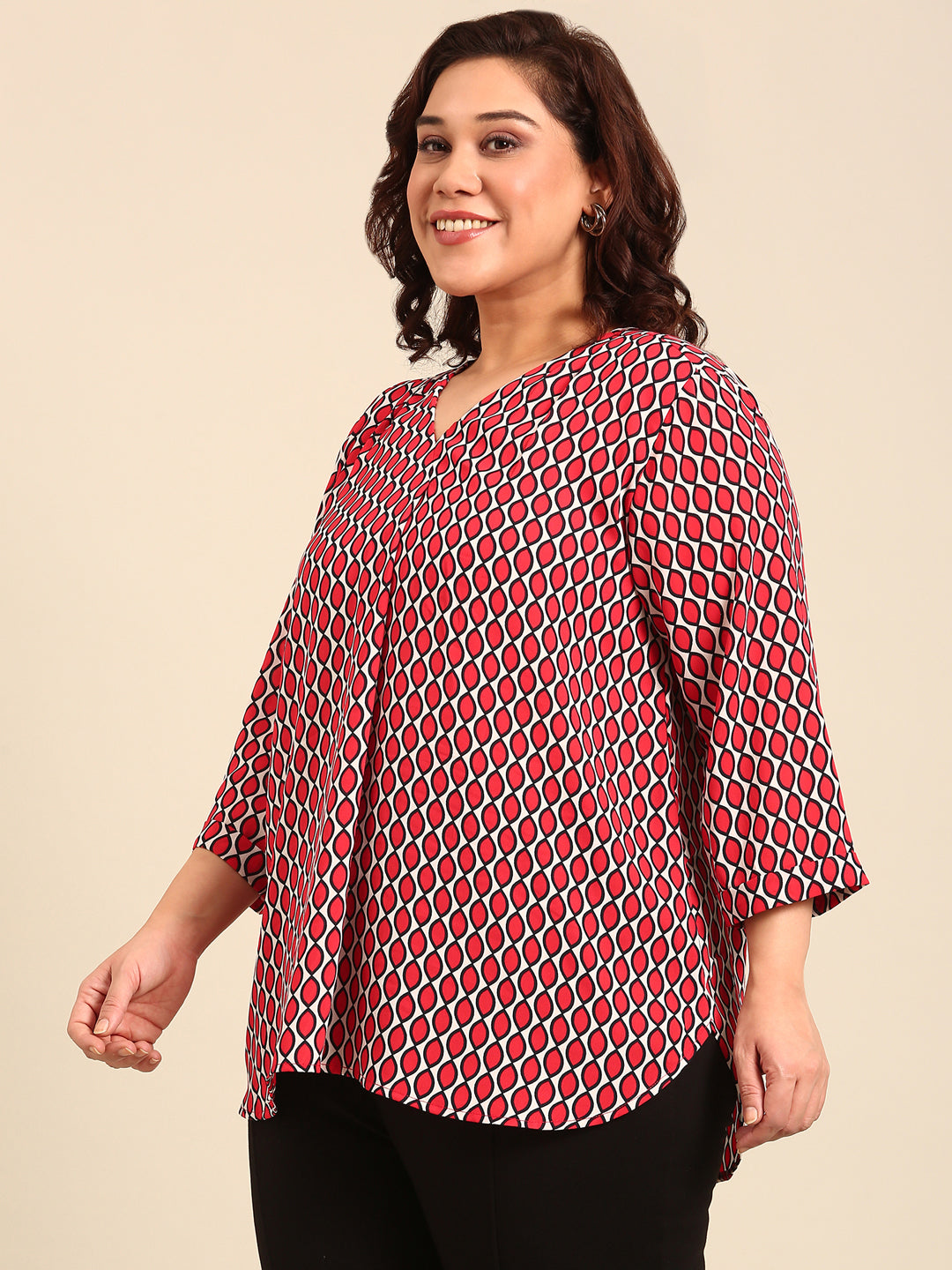 Women Plus Size Red Geometric Print Top