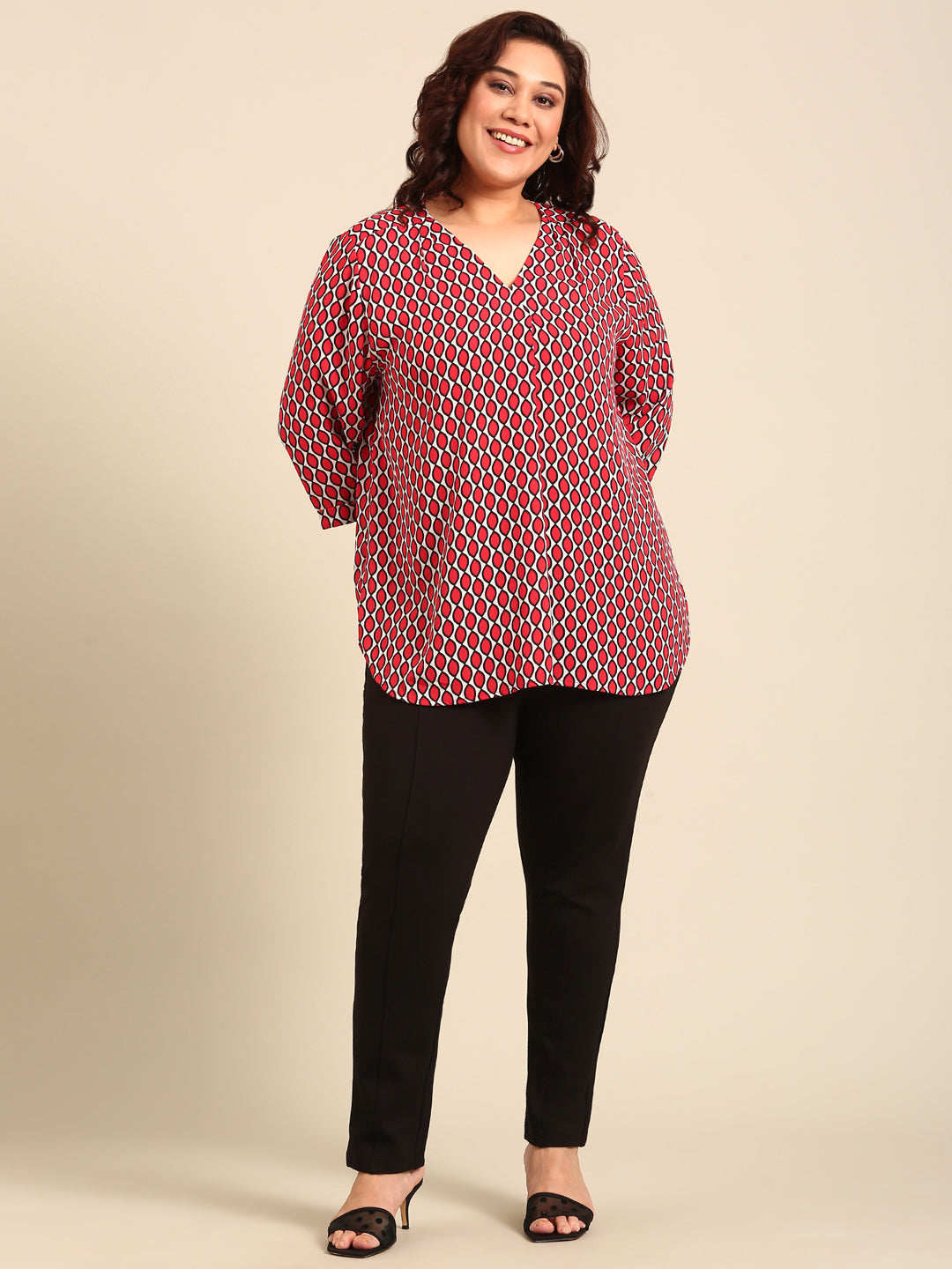 Women Plus Size Red Geometric Print Top