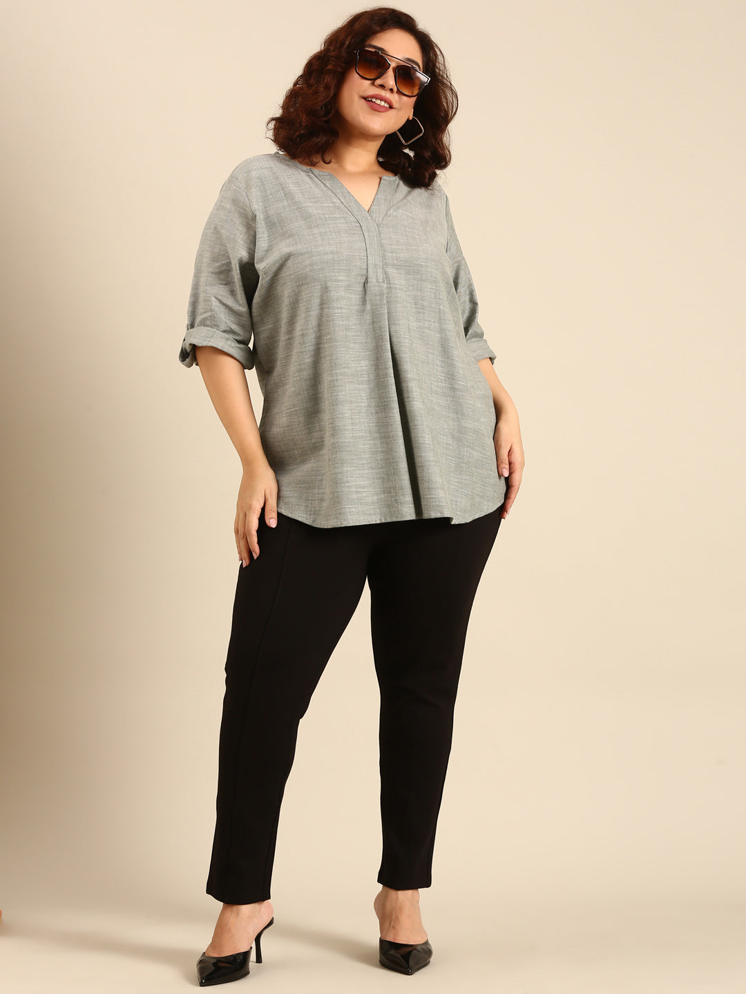 Women Green Slub Cotton Top