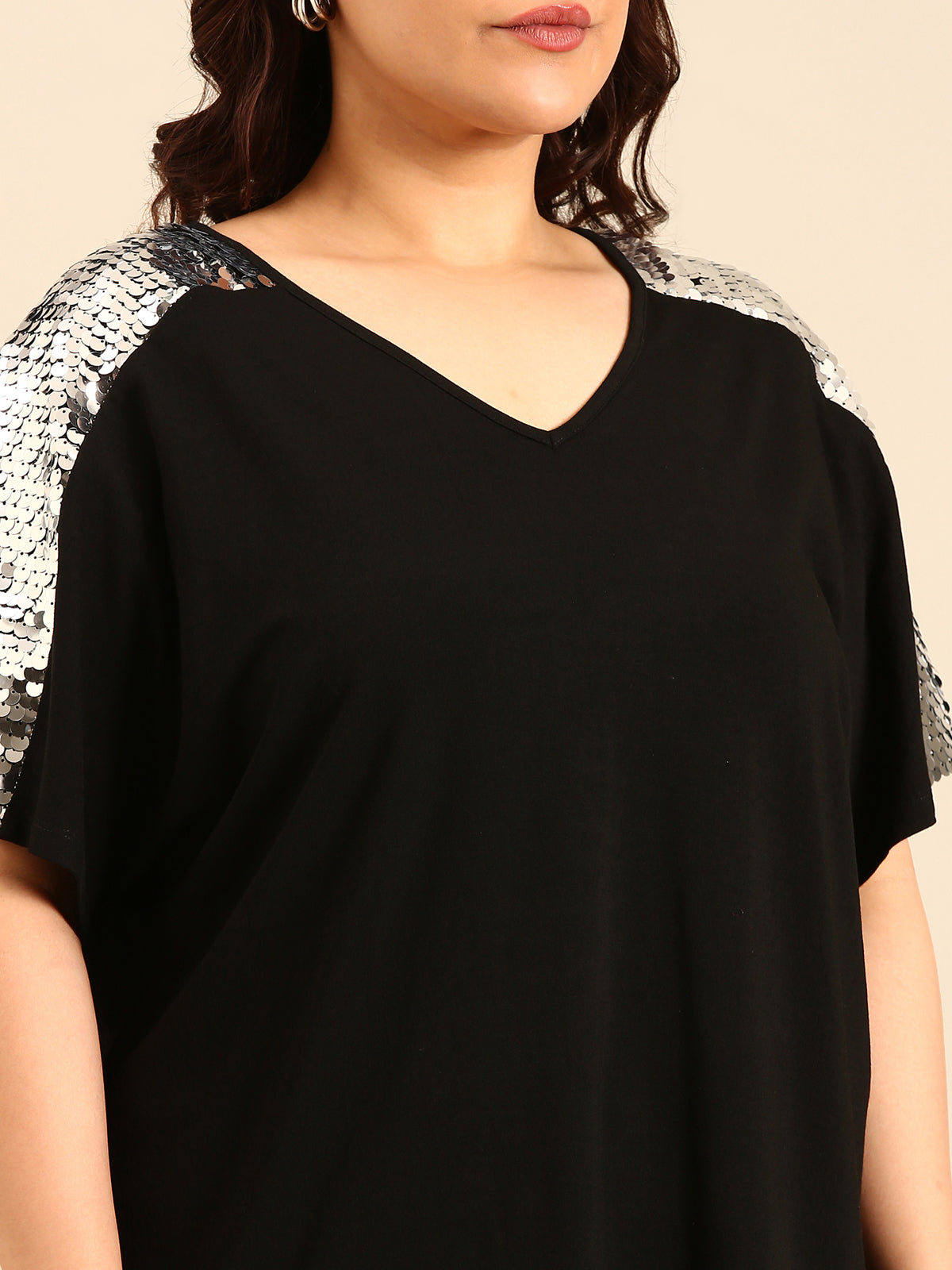 Women Silver Sequin Embellished Black Top