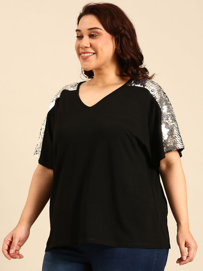 Women Silver Sequin Embellished Black Top