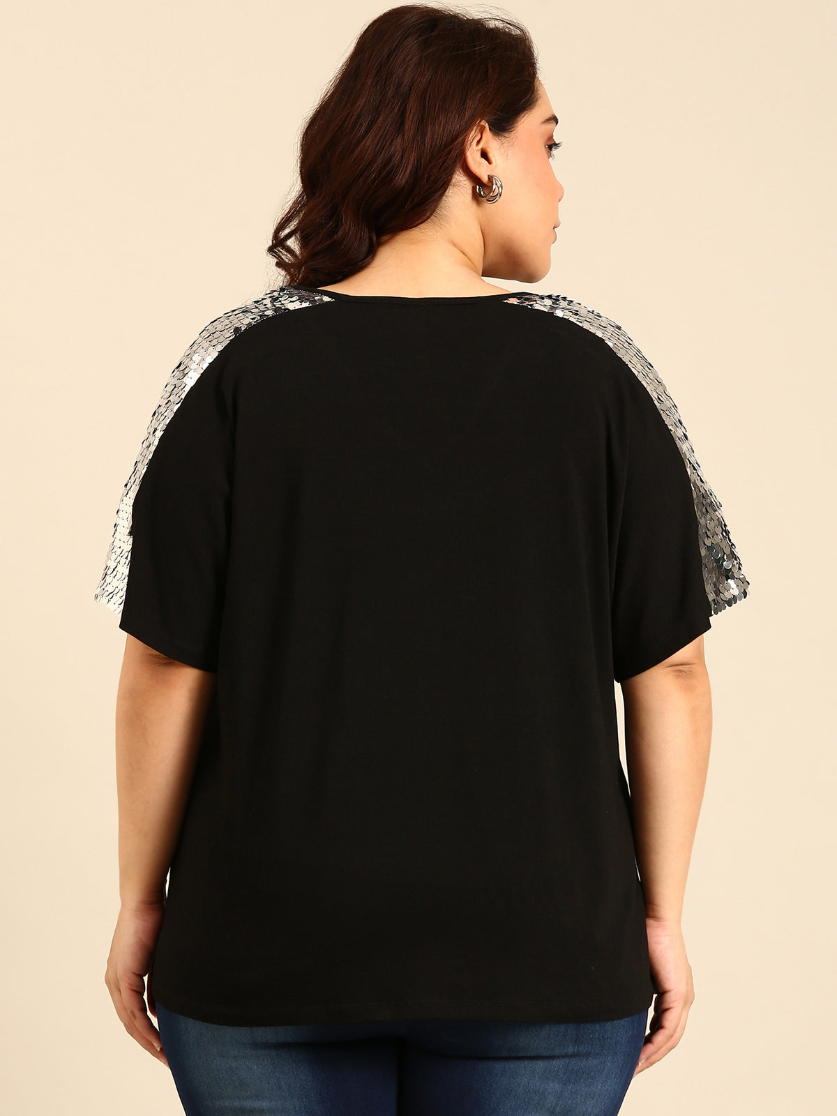 Women Silver Sequin Embellished Black Top