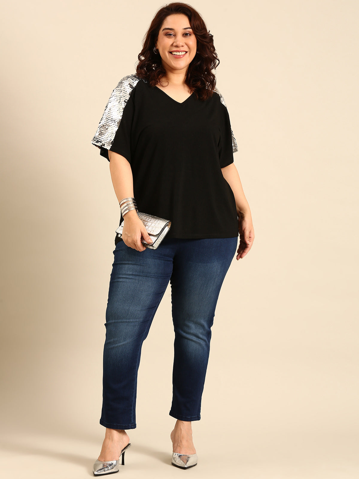 Women Silver Sequin Embellished Black Top