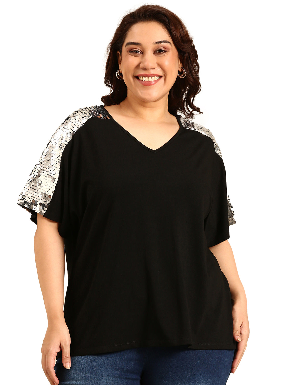 Women Silver Sequin Embellished Black Top