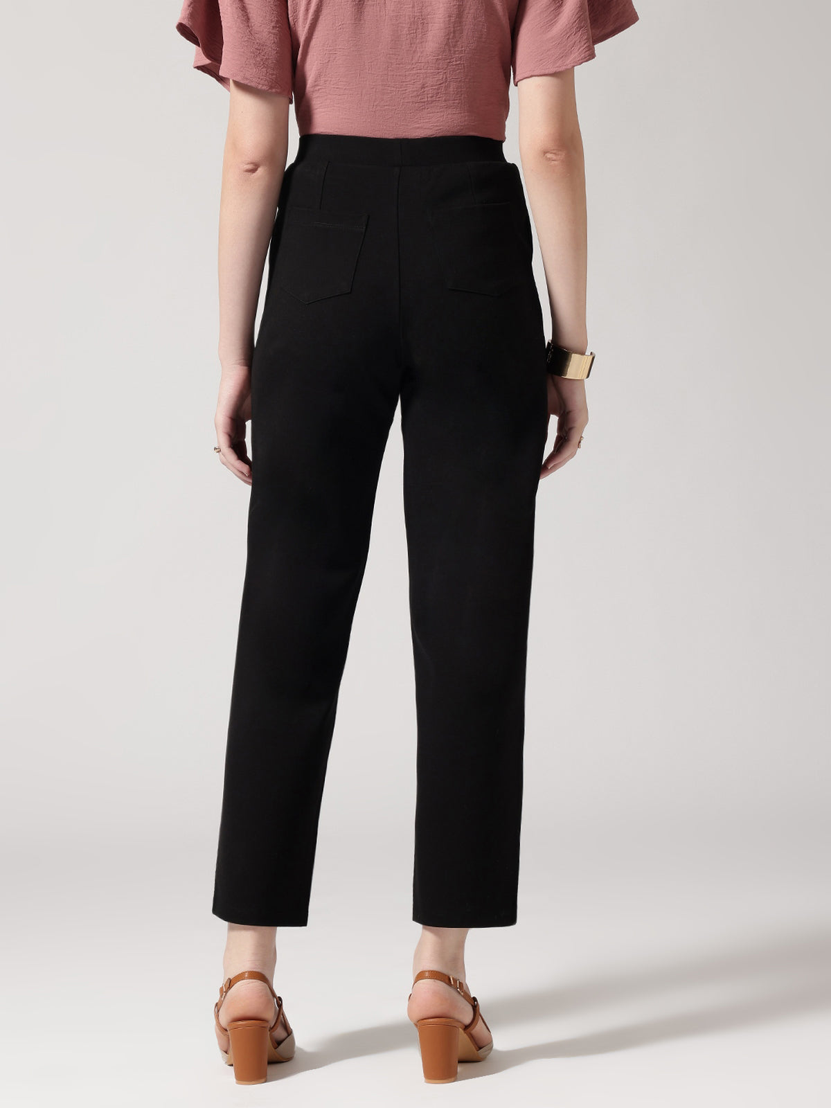 Women Black Solid High-Rise Trousers