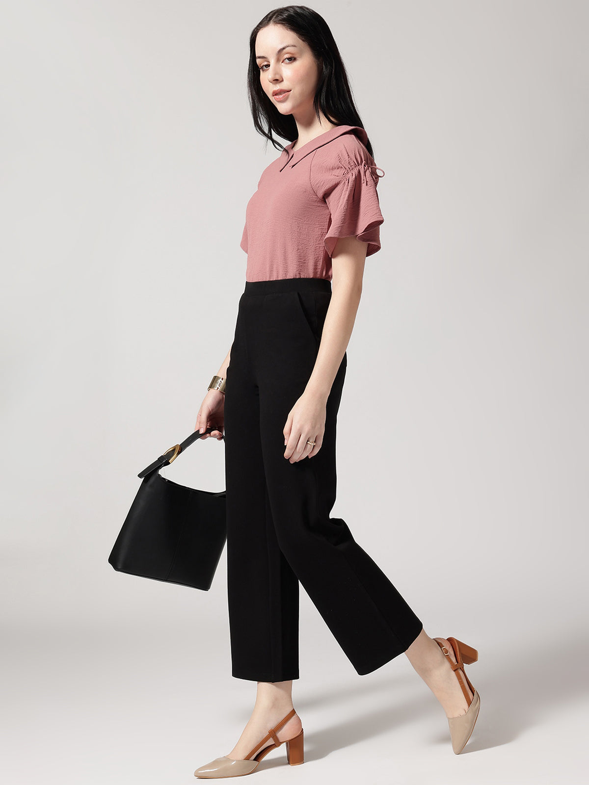 Women Black Solid High-Rise Trousers