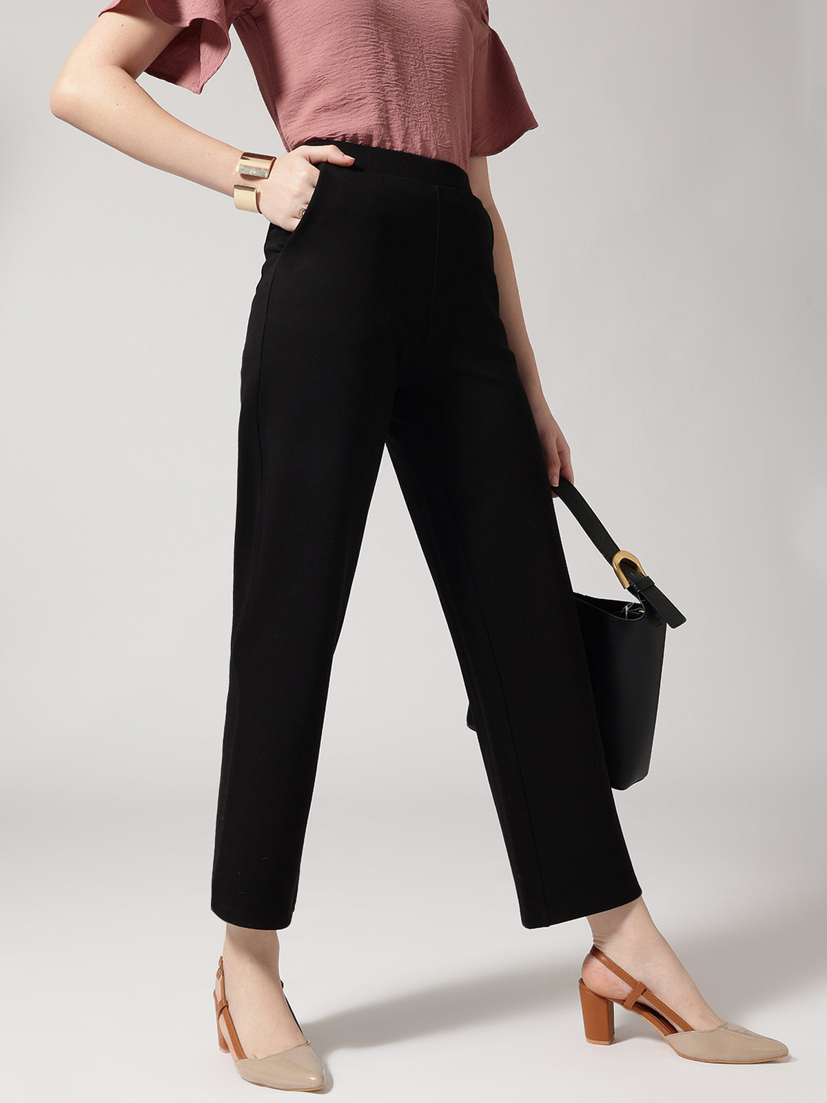 Women Black Solid High-Rise Trousers