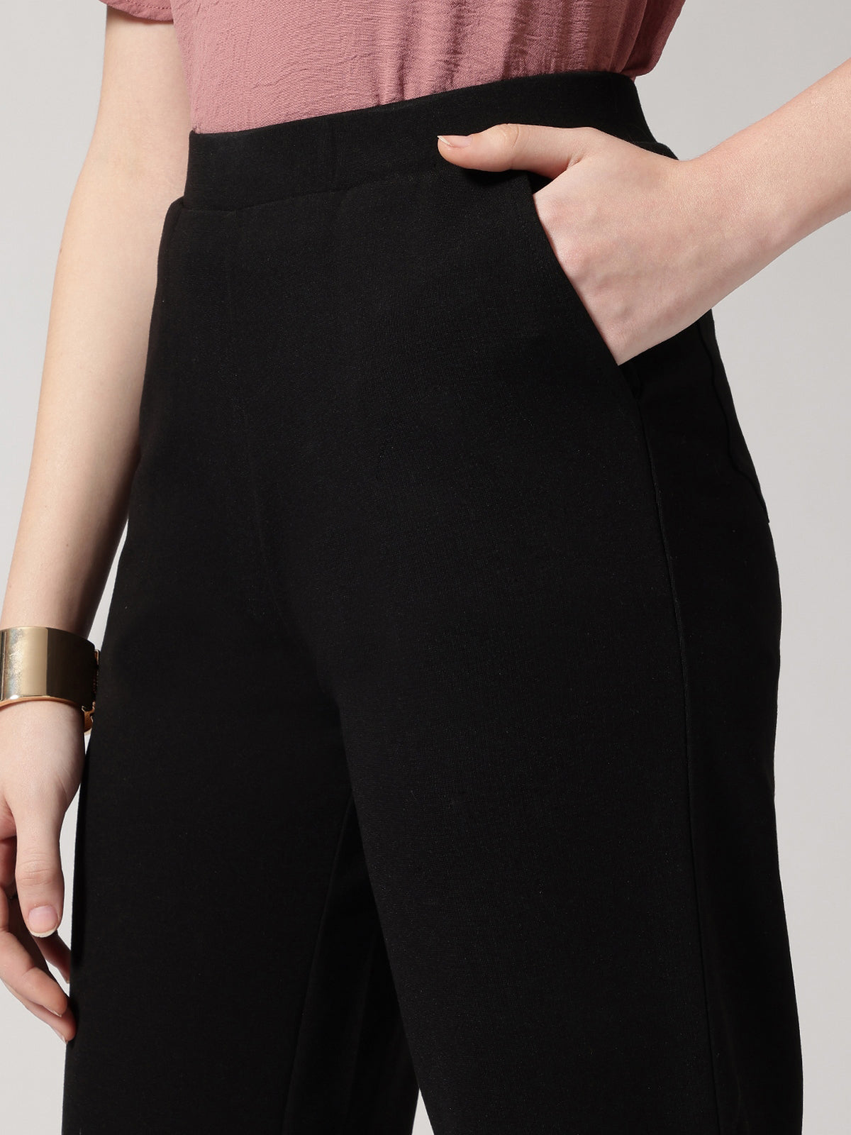 Women Black Solid High-Rise Trousers