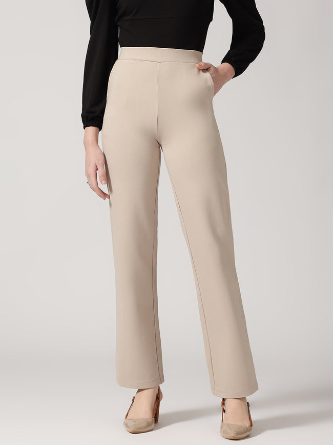 Strong And Brave Women Ivory Solid High-Rise Trousers
