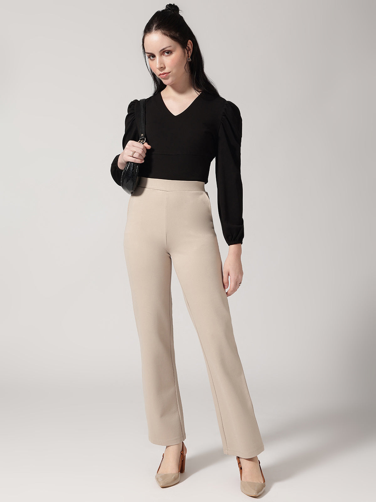 Strong And Brave Women Ivory Solid High-Rise Trousers