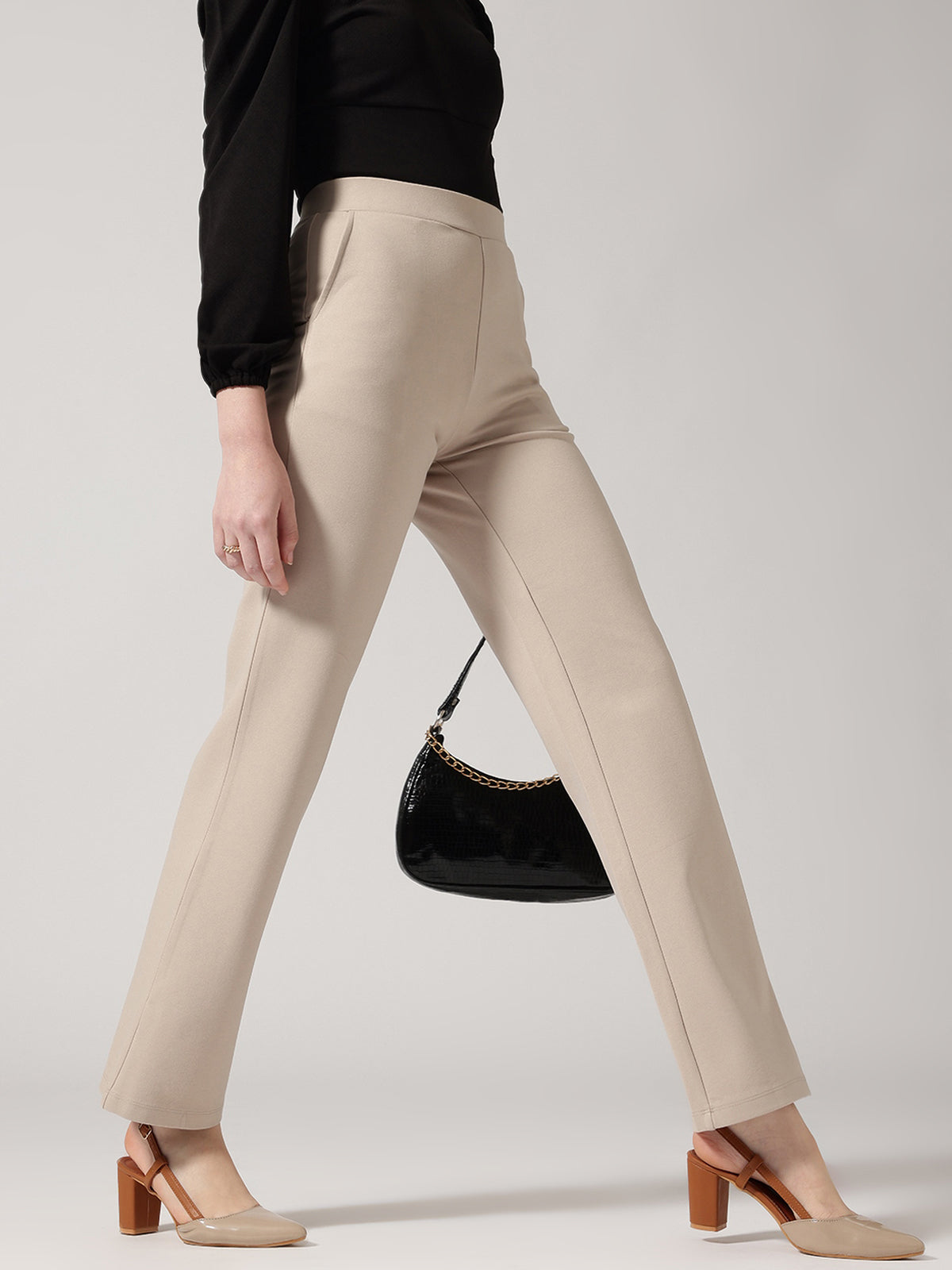 Strong And Brave Women Ivory Solid High-Rise Trousers