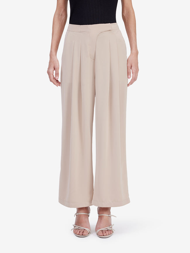 Women Cream Mid-Waist Wide-Leg Trousers