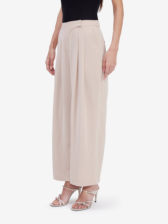 Women Cream Mid-Waist Wide-Leg Trousers