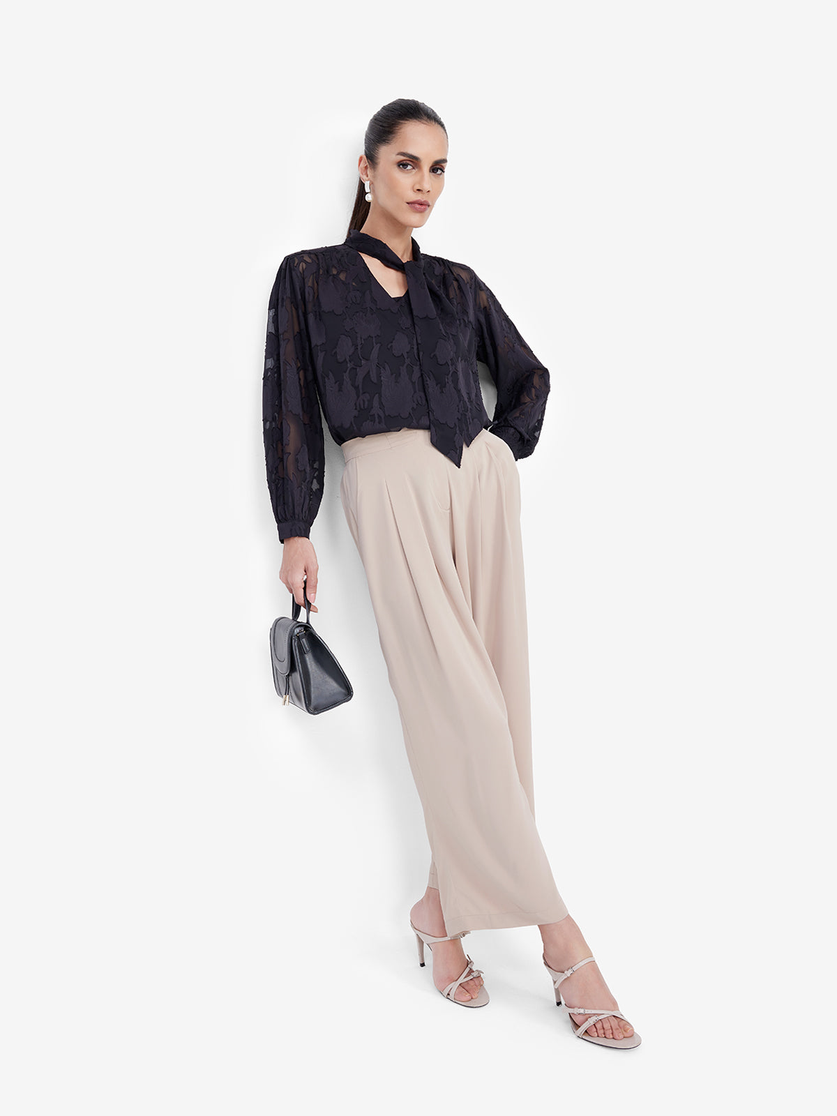 Women Cream Mid-Waist Wide-Leg Trousers