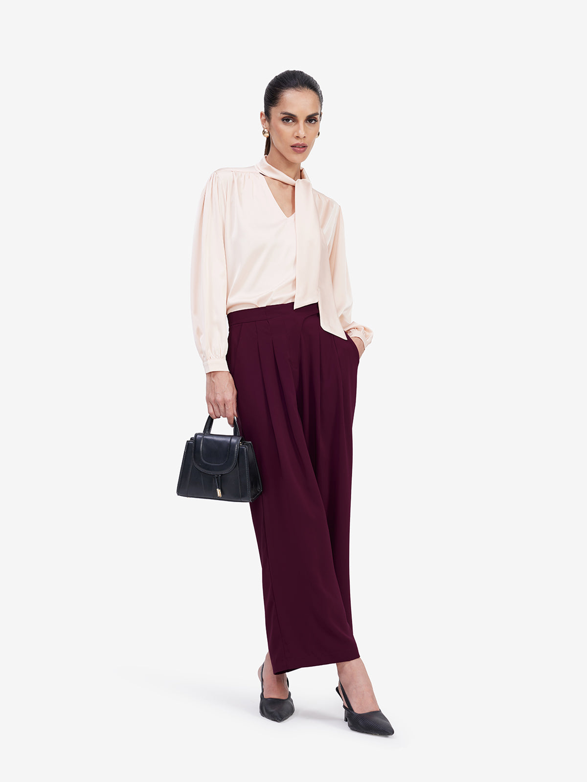 Women Maroon Mid-Waist Wide-Leg Trousers