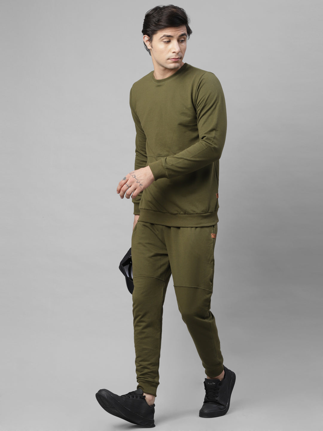 Men Olive Green Round Neck Terry Track Suit