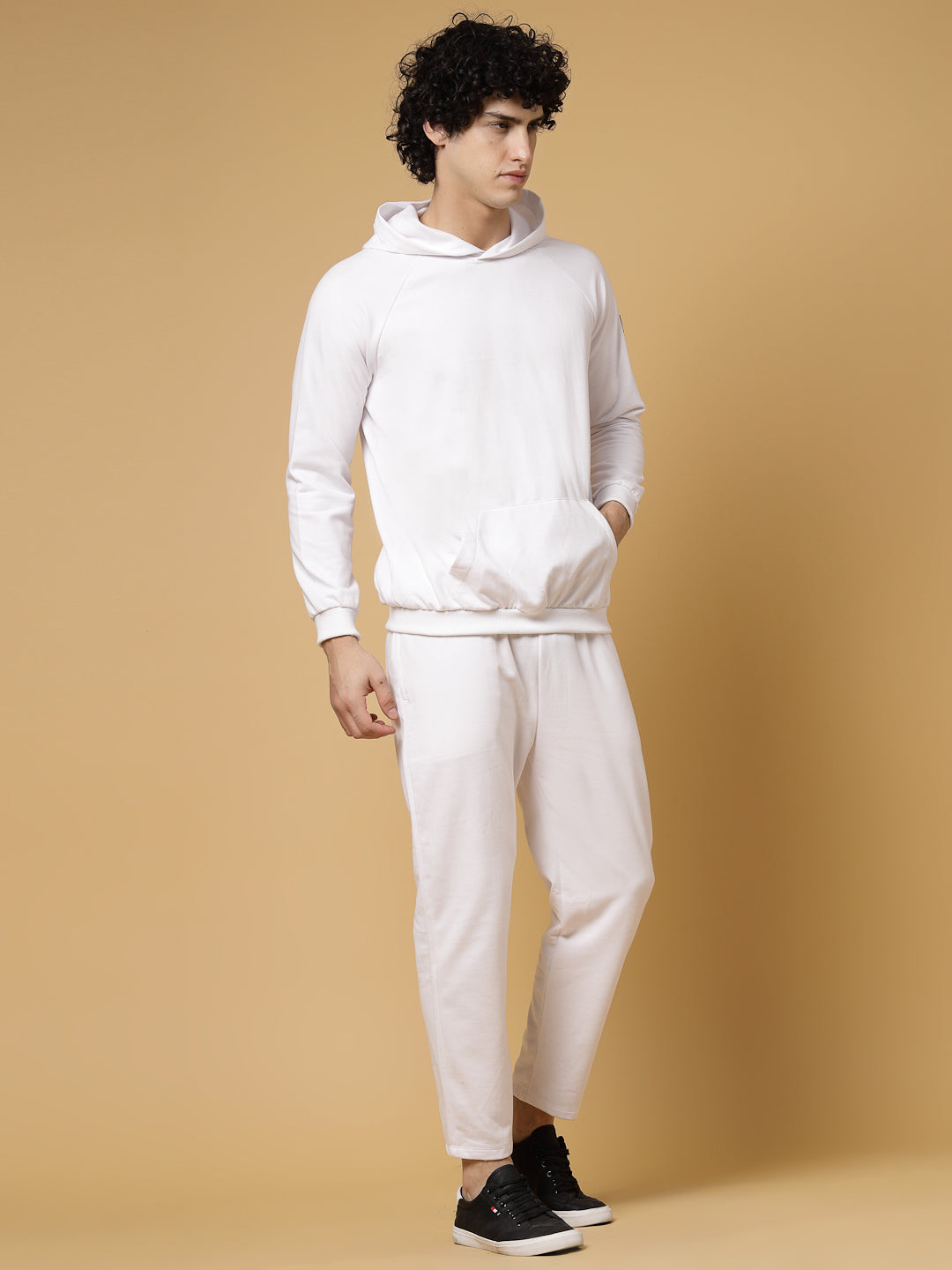 Men White Oversized Solid Fleece Co-ords