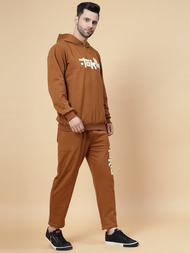 Men Brown Oversized Printed Fleece Co-ords