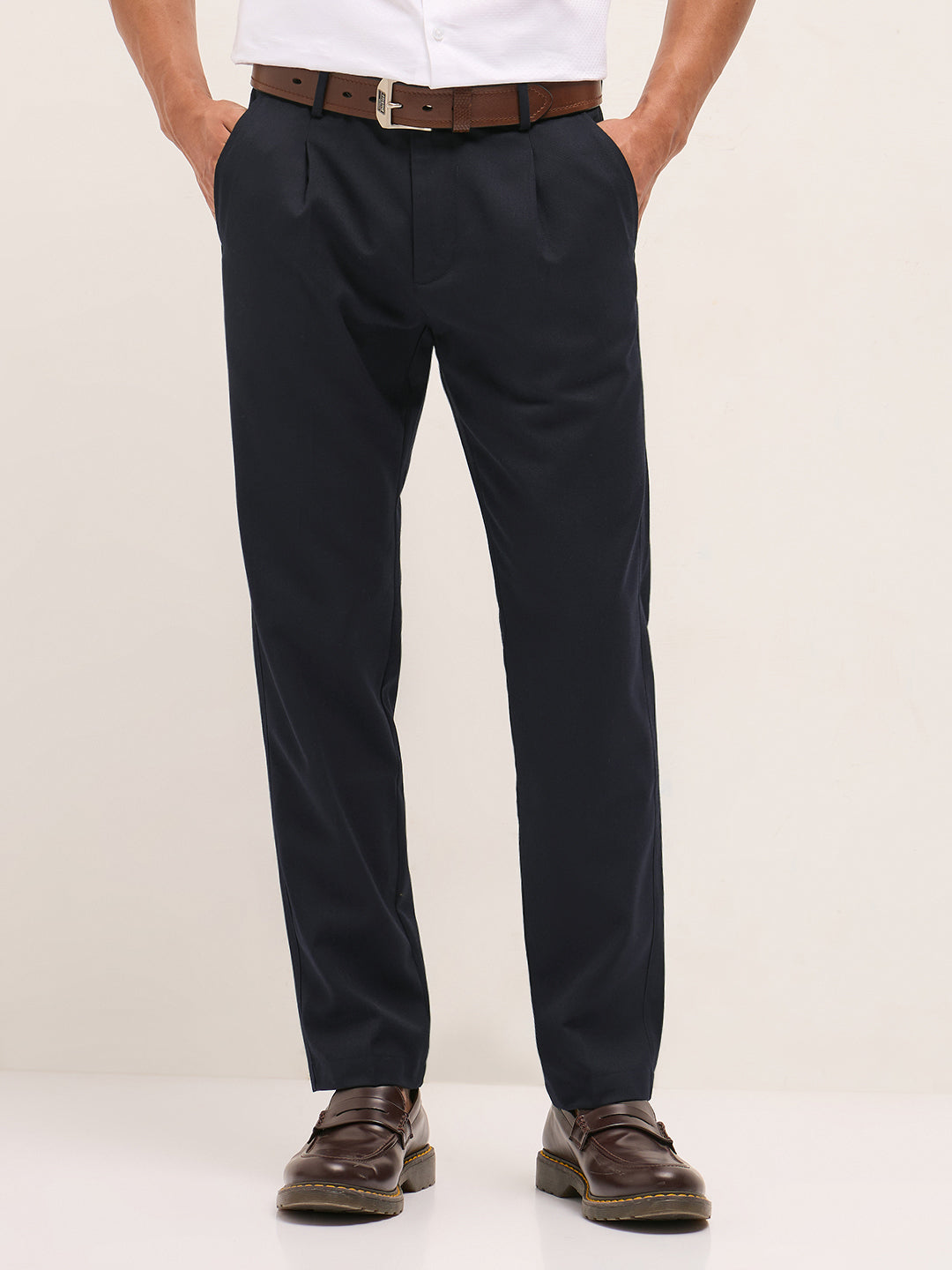 Men Navy Blue Solid Regular Fit Formal Trousers