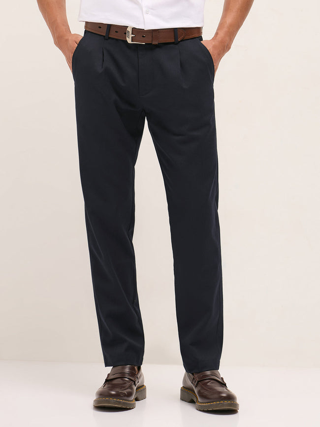 Men Navy Blue Solid Regular Fit Formal Trousers
